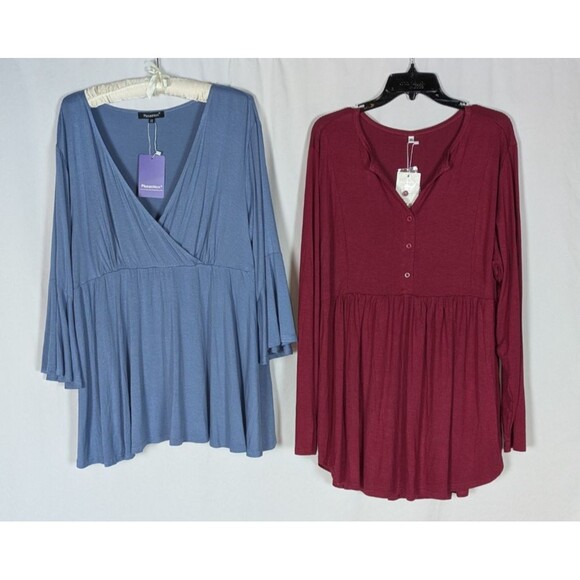 Assorted Tops - NWT Tunic Blouse Lot of 2 3X 3XL Red Blue V Neck Draped Babydoll Easy Care Rayon